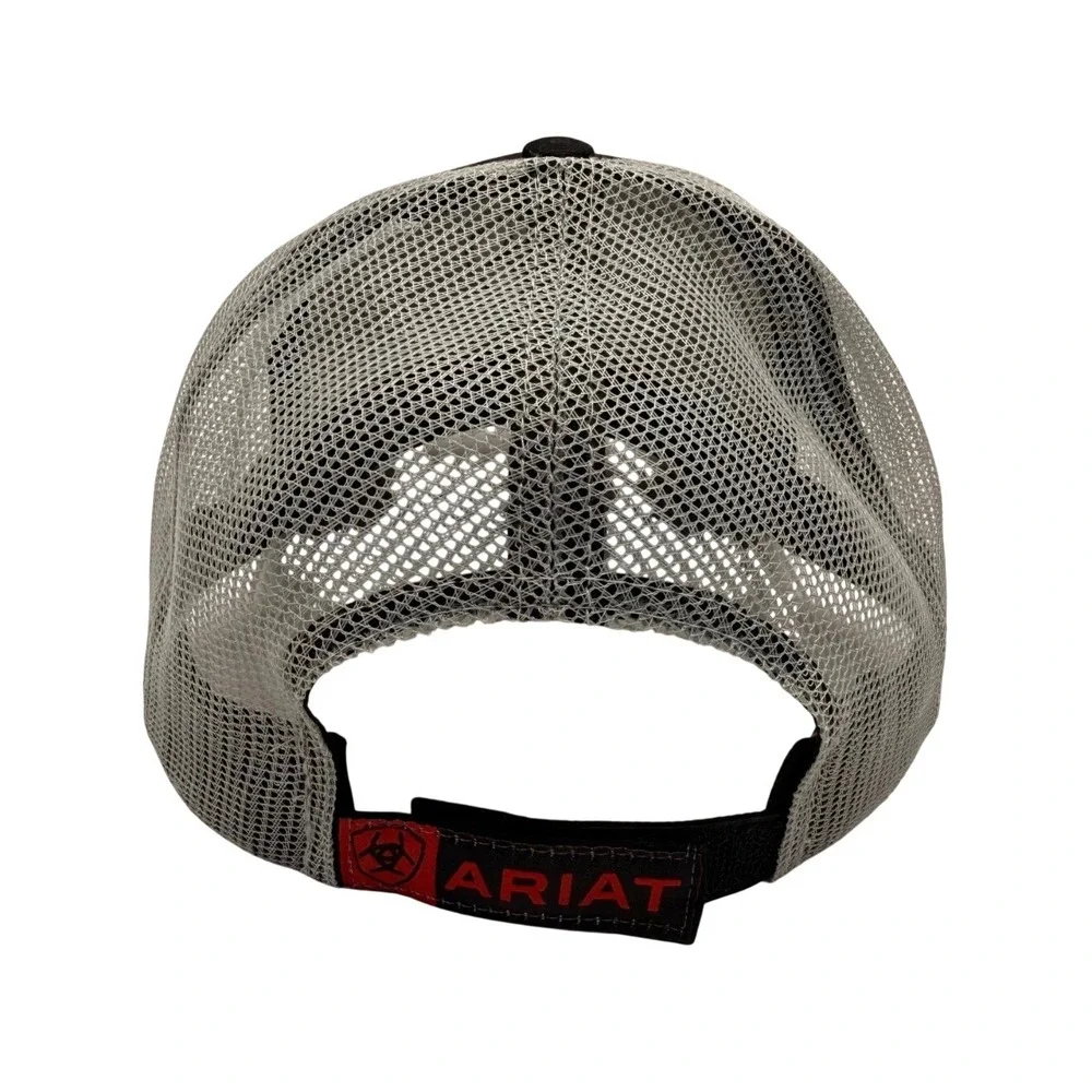 Ariat Mens Black Grey Mesh Back‎ Trucker Hat Red Logo Embroidered Adjustable Cap